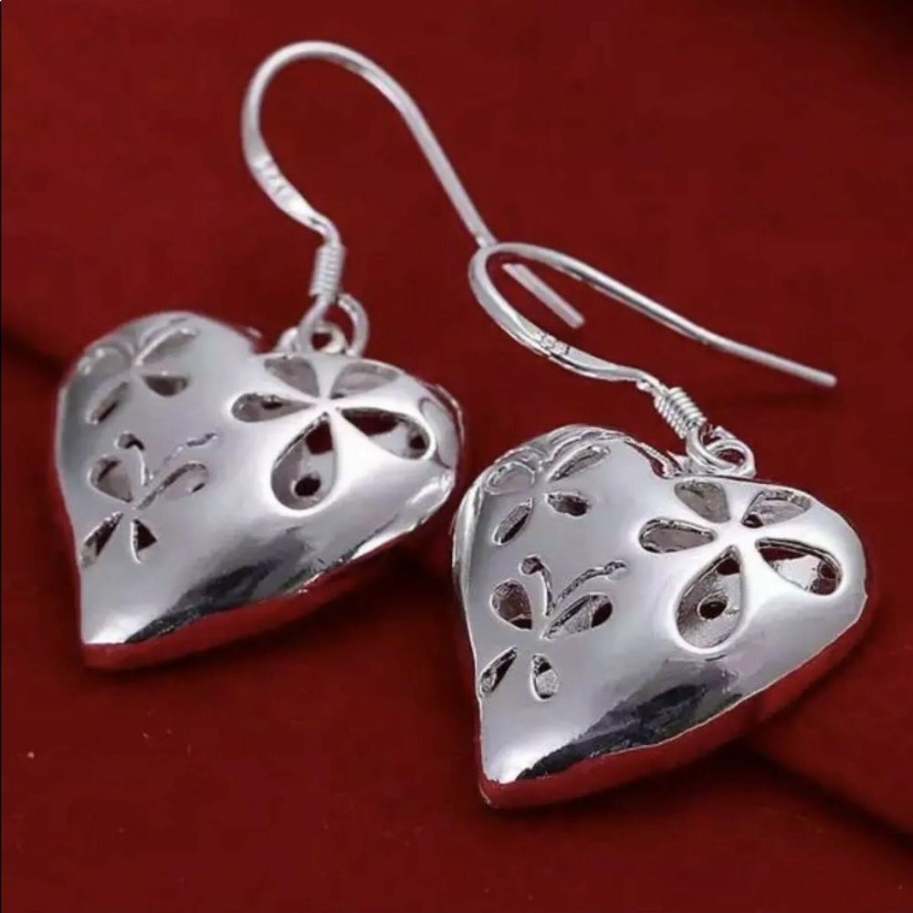 Sterling Silver Filgree Heart Dangle Earrings